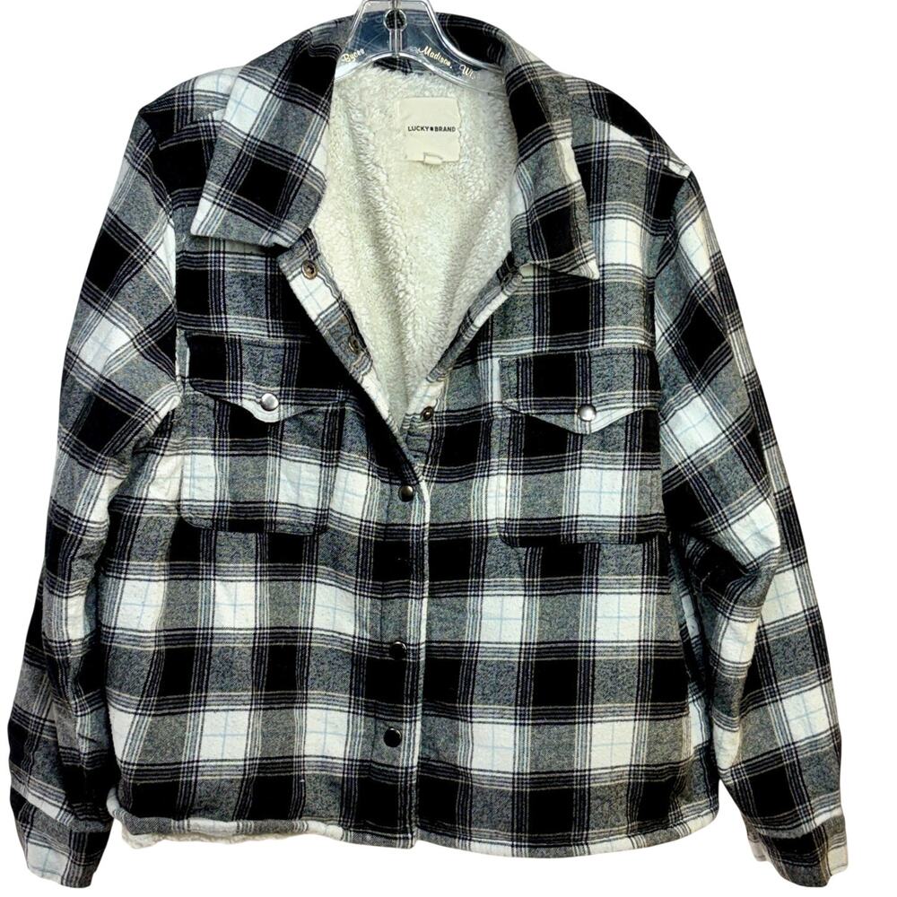 Lucky Brand Flannel & Fleece Shacket Jacket Women's XL Black White Plaid Snaps